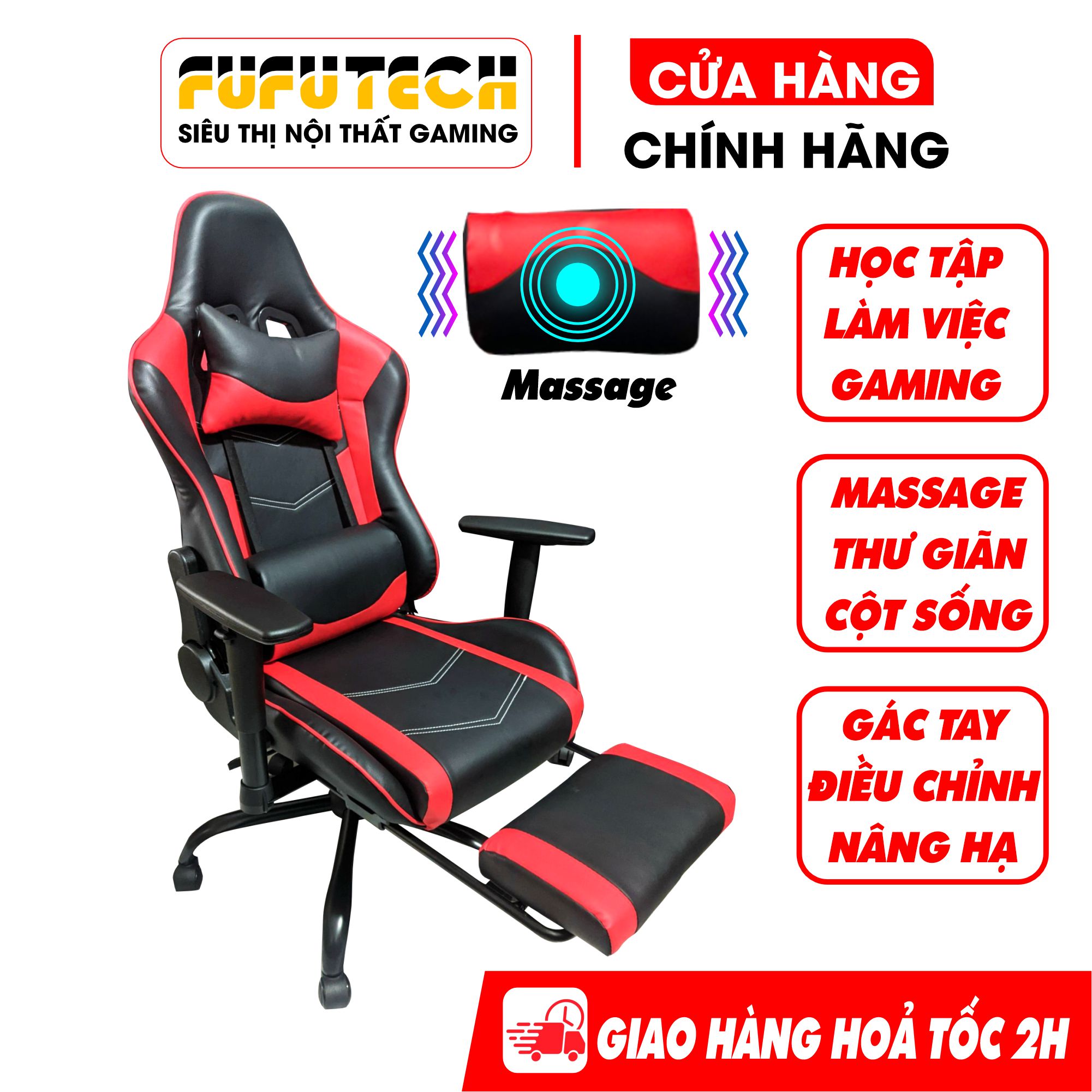 Ghế gaming FUFUTECH gamma massage thư giãn, có gác chân, tựa lưng, khung chân kim loại chịu lực tốt, tay điều chỉnh