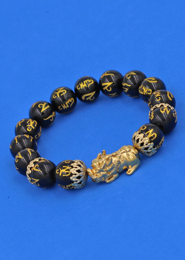 Vòng tay phong thủy Thạch Anh Đen Phật Chú Chữ Vàng 12 ly - Cẩn Tỳ Hưu Chiêu Tài Lộc inox vàng VTAEPVTHBKV12