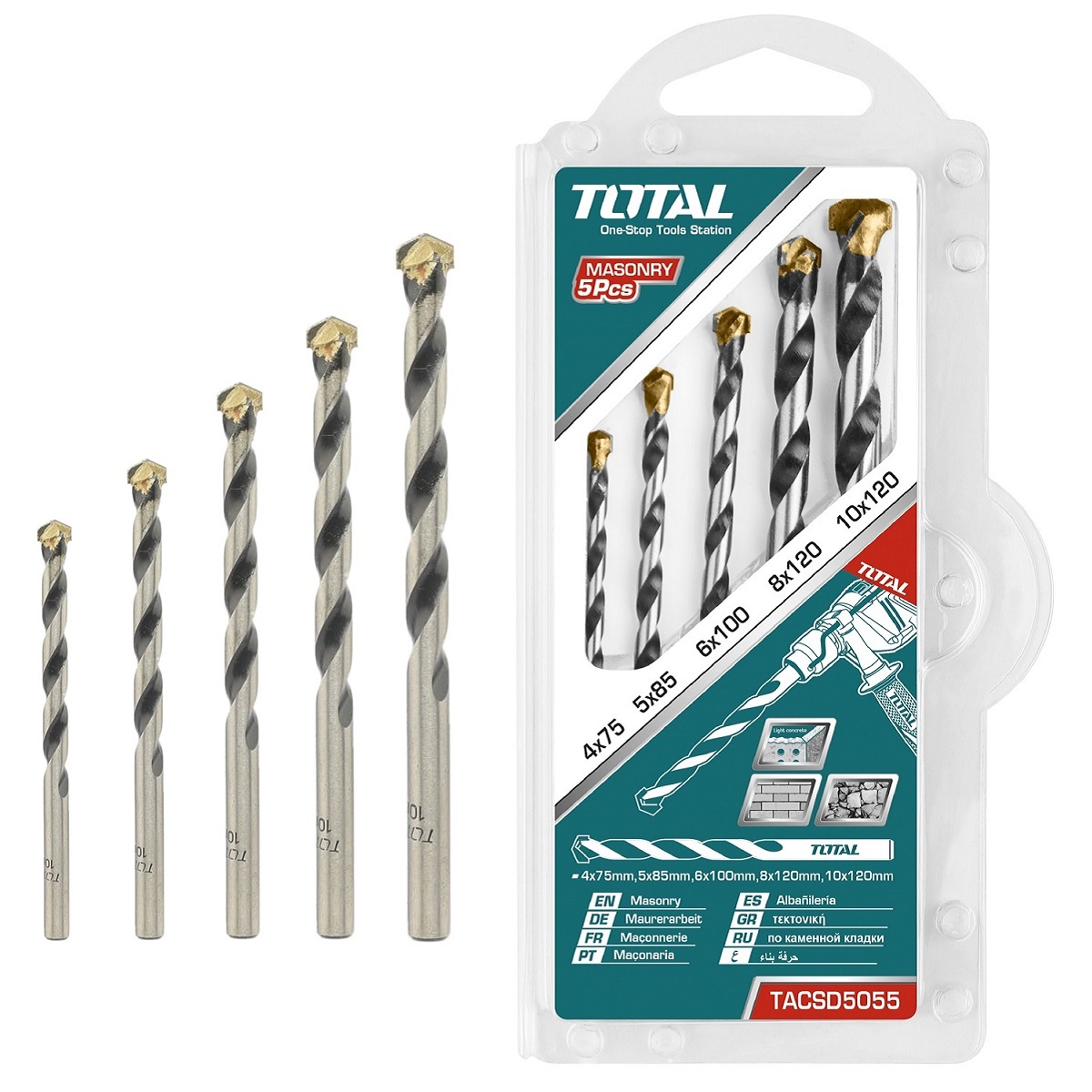 Bộ mũi khoan bê tông đuôi trơn 5 chi tiết đầu 4-10mm TOTAL TACSD5055 - Độ cứng siêu cao, chịu lực tốt, đa dụng