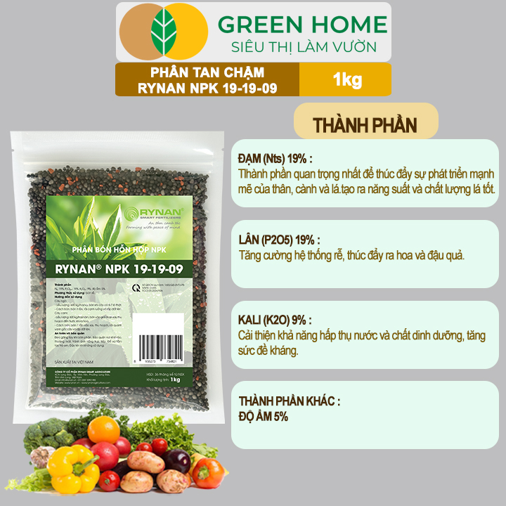 Phân Tan Chậm GreenHome, Rynan NPK 19-19-09, Túi 1kg, Giúp Cây Ăn Trái Phát Triển Mạnh, Chất Lượng