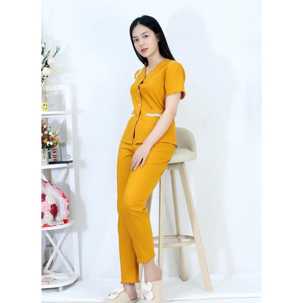 Bộ đồ bộ màu VÀNG PHA REN tay ngắn quần dài vải siêu lụa - Thoải Mái Nhẹ Nhàng