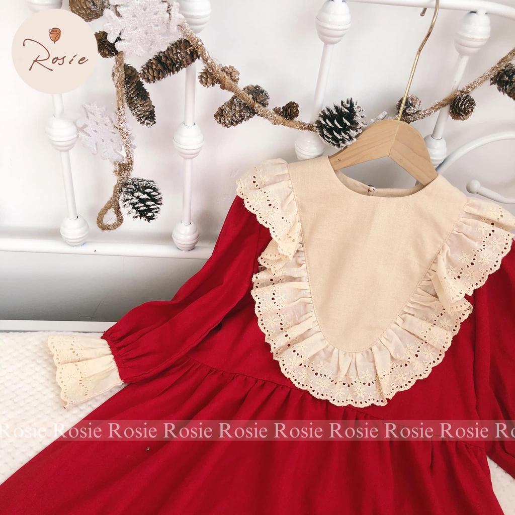 Váy đỏ cổ phối ren ROLIA chất liệu linen mặc tết cho bé gái từ 9-45kg V46
