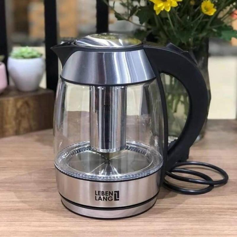 Ấm siêu tốc  thiết kế hiện đại thân thuỷ tinh có đèn LED kèm lõi lọc trà dung tích 1.8L inox L.e.b.e.n.l.a.n.g