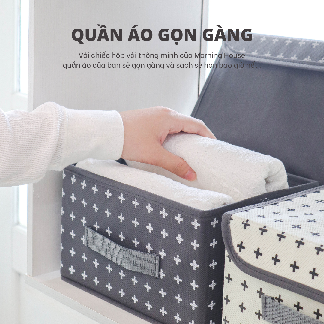 Hộp Đựng Quần Áo Gấp Gọn Morning House Có Nắp- Size S- Kem In- Form Hộp Cứng Cáp, Vải Dày Dặn Rất Tiện Lợi Để Chứa Đồ Và Mang Đi