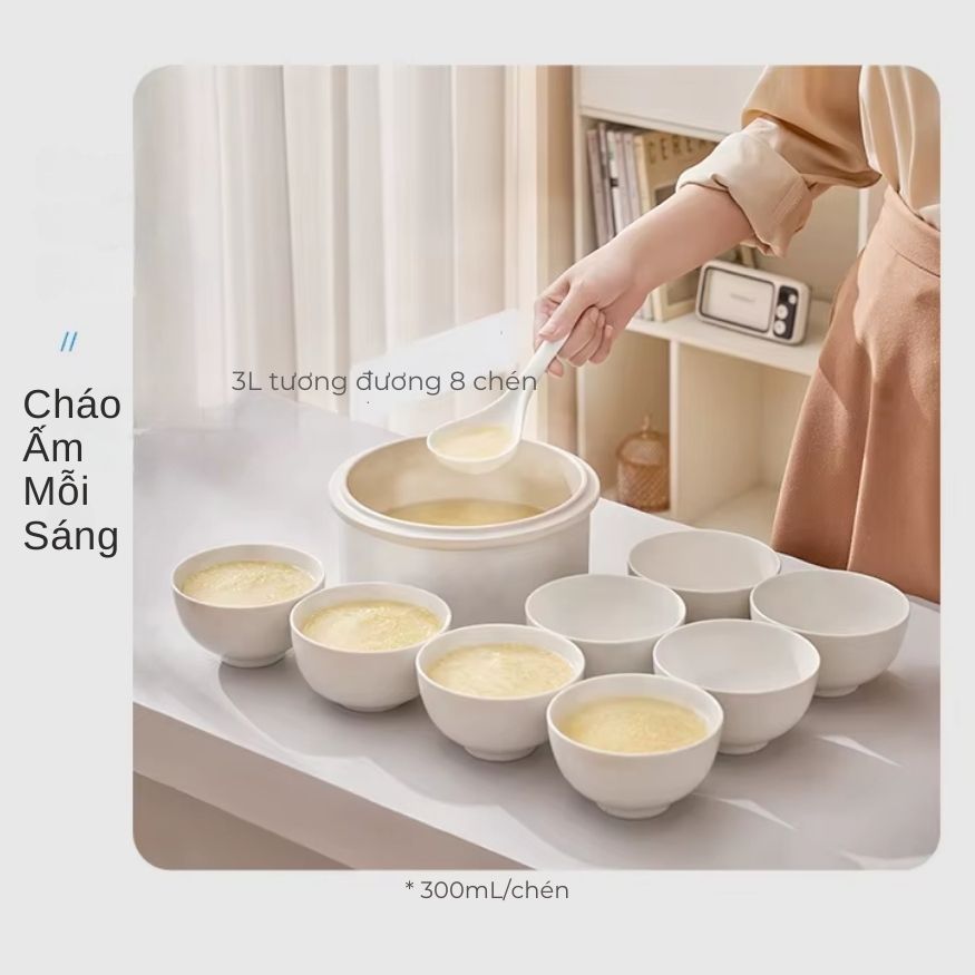 Nồi nấu chậm lòng sứ 3L Mishio MK397 kèm xửng hấp và 4 thố sứ tiện lợi không lo cháy khét hay bong tróc chống dính - Hàng chính hãng