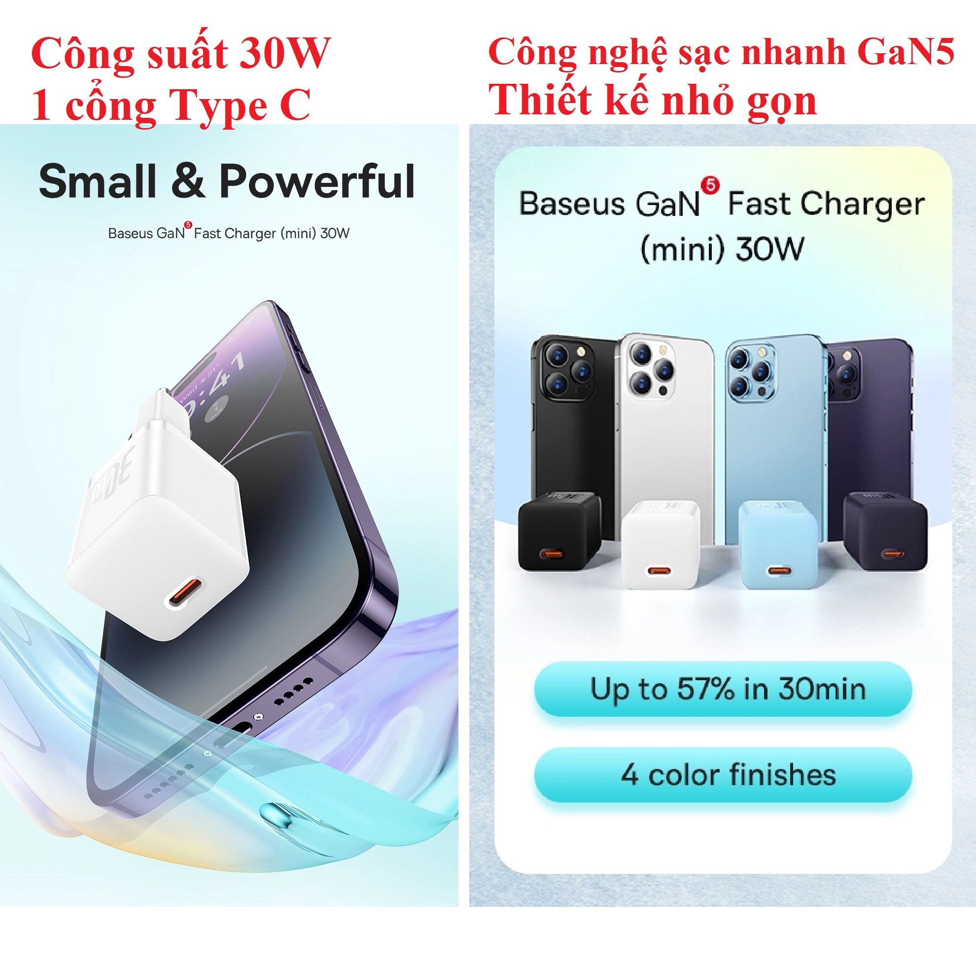 Củ sạc nhanh mini 30W 1 cổng type C Baseus GaN5 CCGAN30E5-M _ Hàng chính hãng