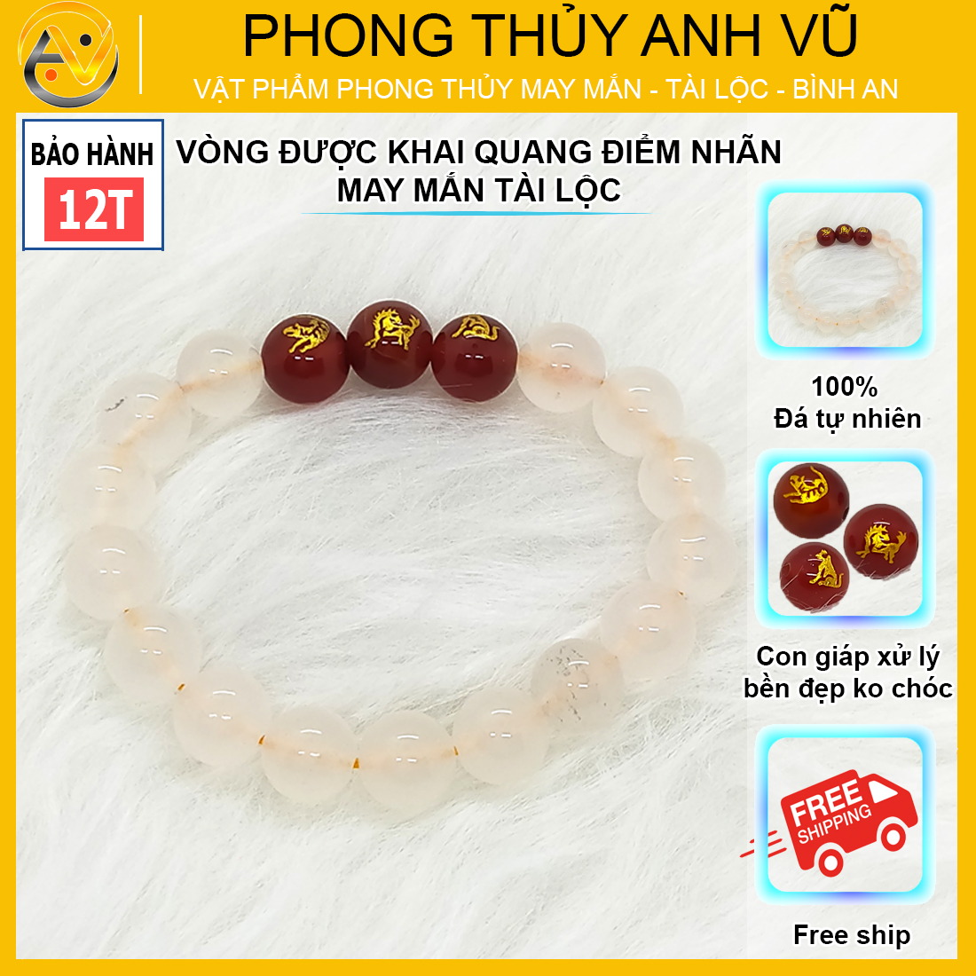 Vòng tay tam hợp dần ngọ tuất đá mã não trắng - Vòng đeo tay phong thủy cho nữ mệnh kim - May mắn tài lộc bình an