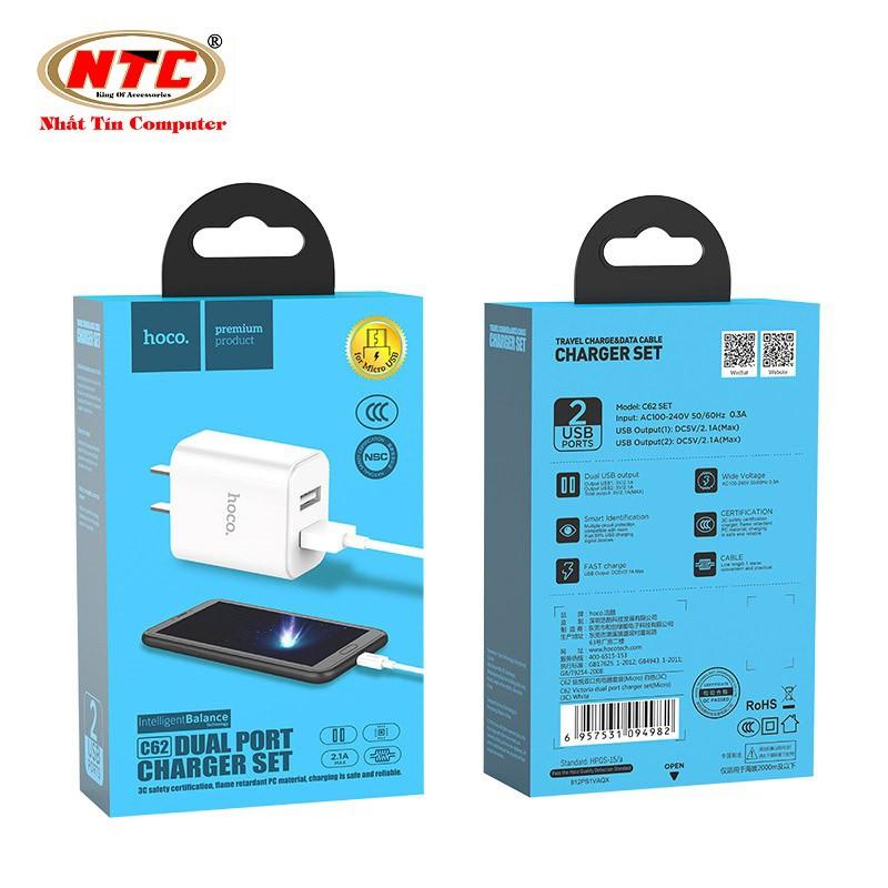 Combo cốc sạc 2 cổng và cáp sạc cổng microUSB dành cho Hoco C62 - output 2.1A (Trắng) - Hàng chính hãng