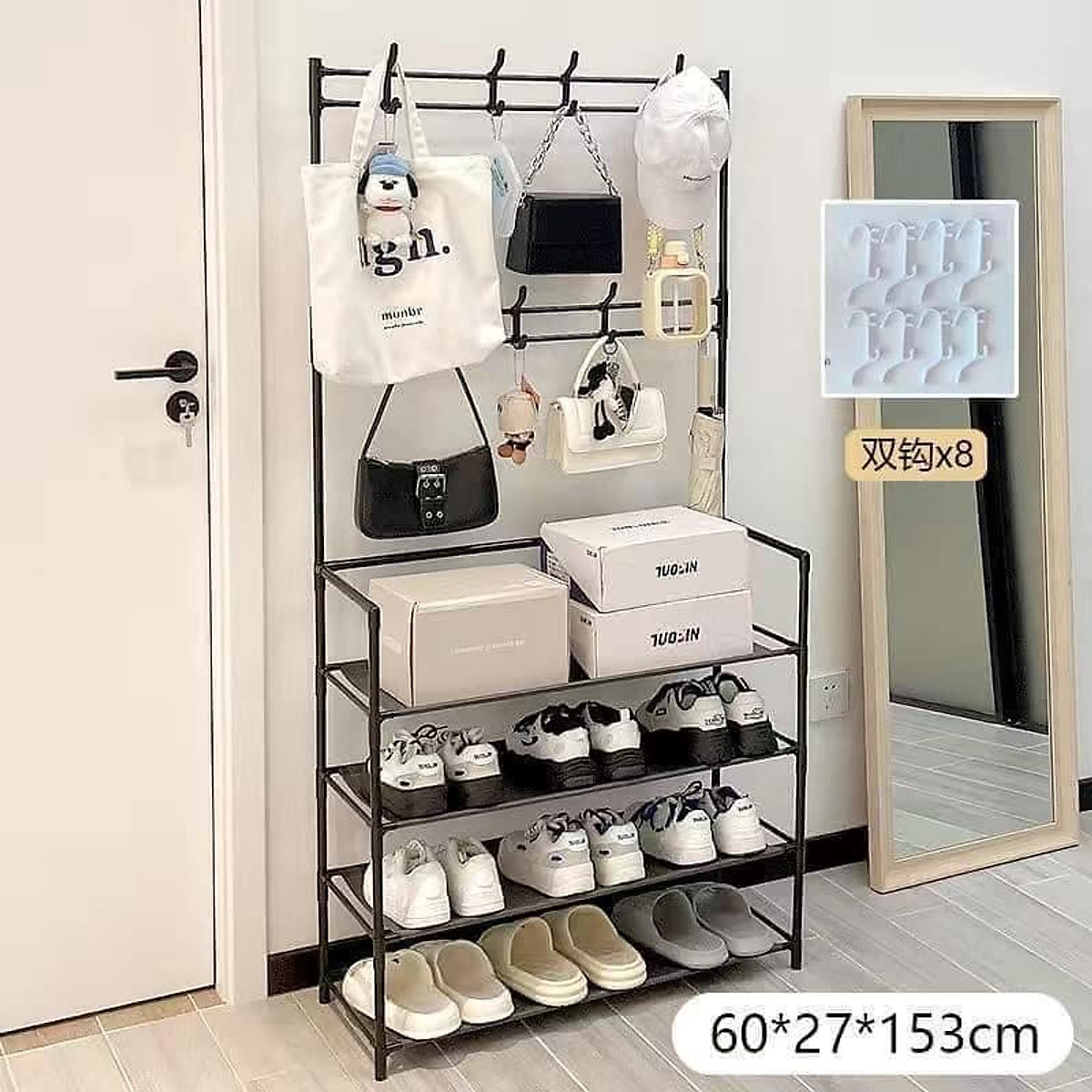 GIÁ KỆ CHỮ L TREO QUẦN ÁO, TÚI XÁCH, BÊN DƯỚI THIẾT KẾ 4 TẦNG ĐỂ GIÀY DÉP, ĐỒ DÙNG TRONG NHÀ, CHẤT LIỆU KHUNG BẰNG SẮT SƠN TĨNH ĐIỆN SIÊU BỀN, CHỊU LỰC TỐT, THIẾT KẾ LẮP RÁP DỄ DÀNG