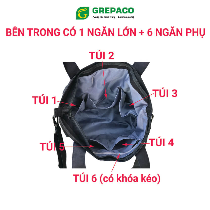 Túi Tote Đeo Vai Nữ Grepaco Vải Bố Canvas Màu Đen Nhiều Ngăn Có Khóa Kéo Đeo Chéo Hoặc Xách Tay Đựng Laptop Phụ Kiện Đi Làm, Đi Học, Đi Du Lịch Thời Trang Hàn Quốc - Hàng Chính Hãng