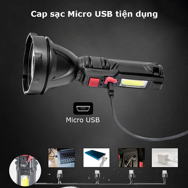 Đèn pin cầm tay mini siêu sáng chiếu xa 300m, chống nước IP65, pin trâu kèm cap sạc micro USB