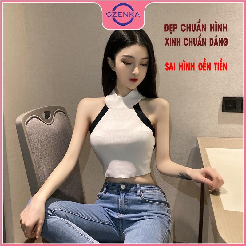 Áo croptop ôm sát nách cổ lọ nữ OZENKA , áo 3 lỗ cải màu chất thun gân cao cấp 100% cotton đen trắng