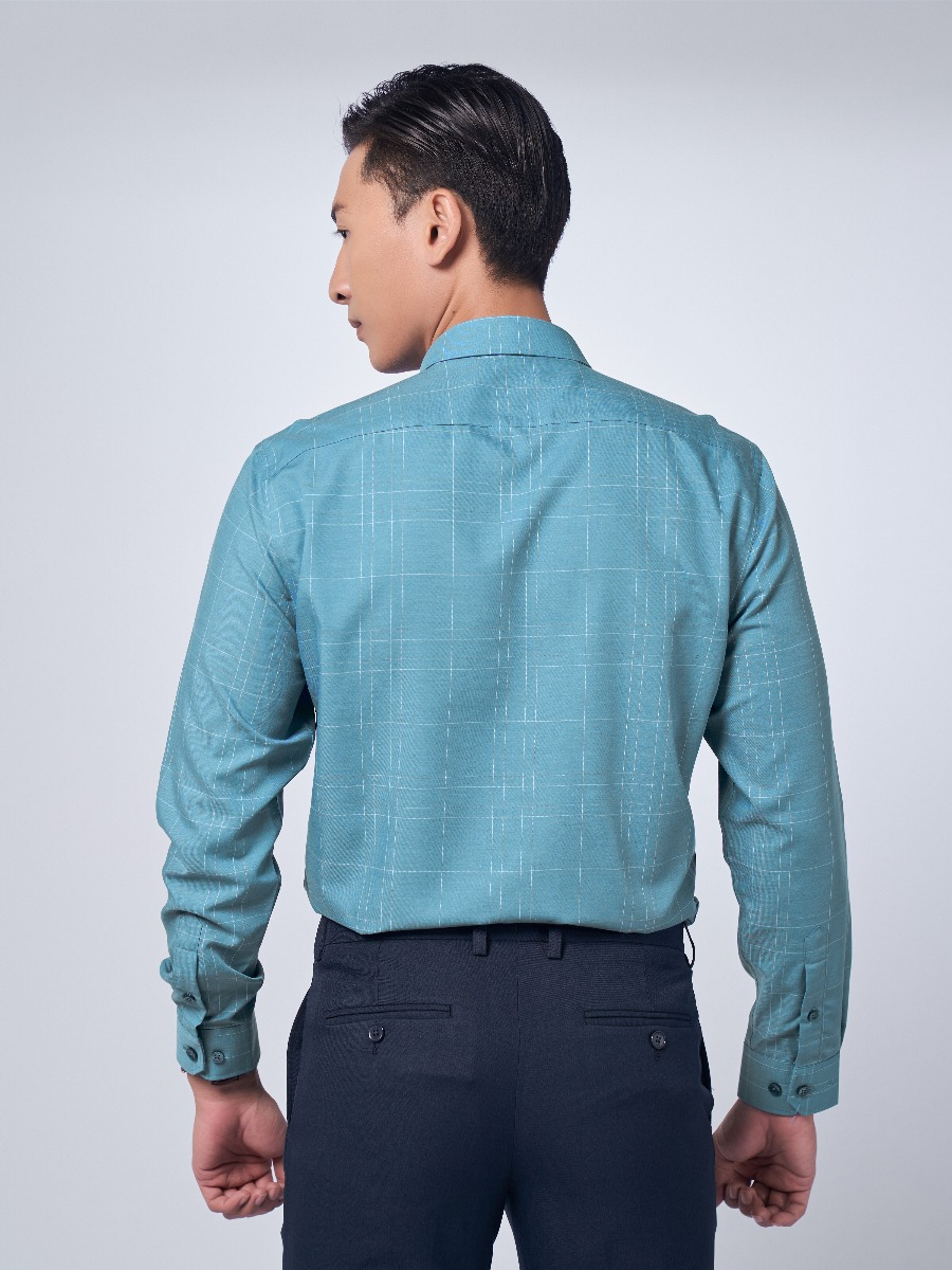 OWEN - Áo sơ mi dài tay Owen Slimfit Chất sợi tre màu xanh kẻ 220924