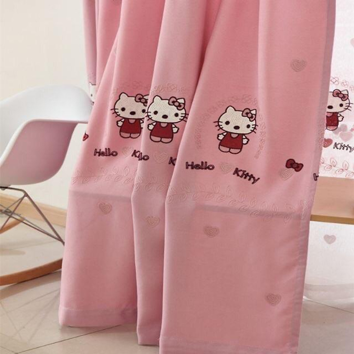 Rèm Thêu Kitty xinh xắn, rèm cửa màu hồng trang trí phòng ngủ trẻ em - Cao cố định 2.0m