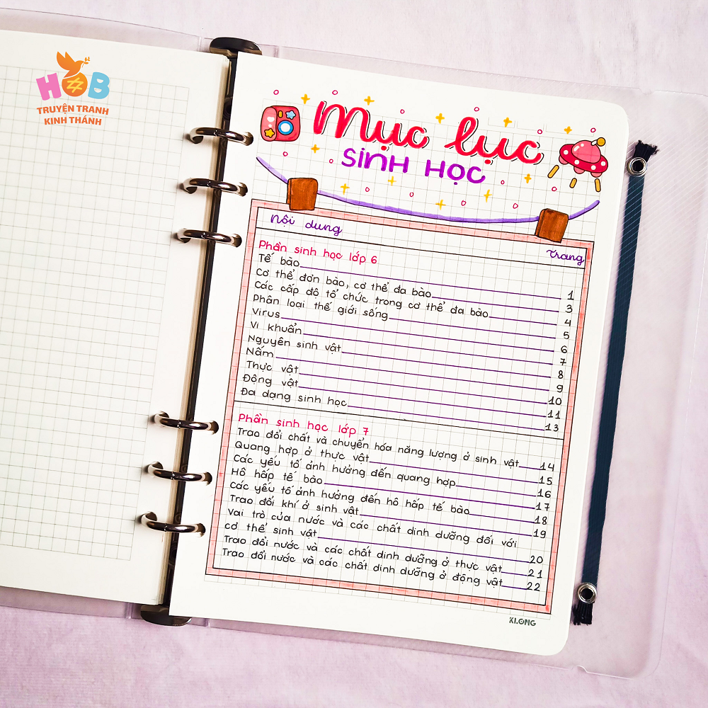 Sổ tay ghi chú HOB takenote Sinh THCS, Khổ A5 đóng binder trang trí sẵn sticker