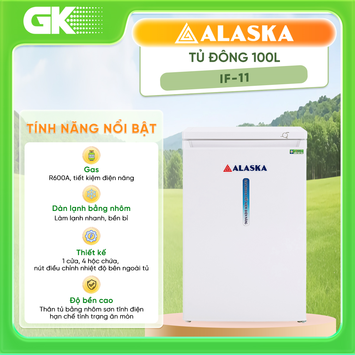 TỦ ĐÔNG ĐỨNG ALASKA 110 LÍT IF-11 NHÔM (R600A) (4 HỘC CHỨA) (HÀNG CHÍNH HÃNG) (CHỈ GIAO HCM)