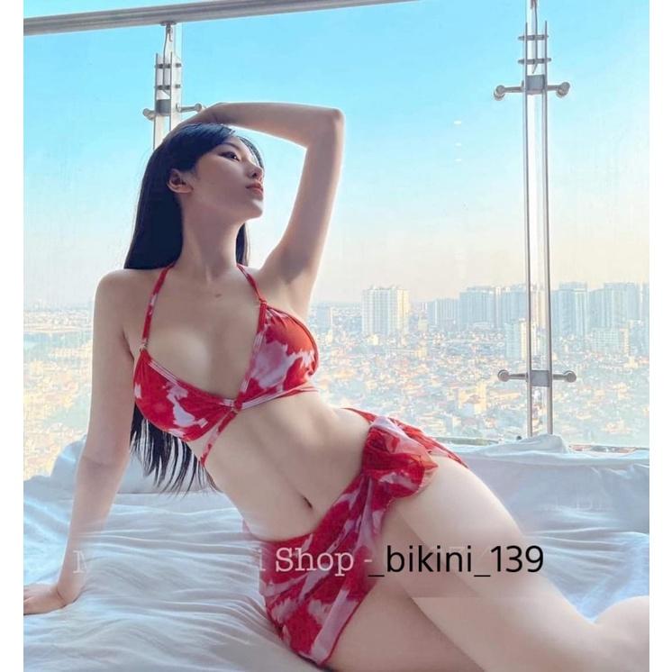 Bikini,set 3 món loang đỏ kèm khăn voan cao cấp ảnh thật kèm Feedback