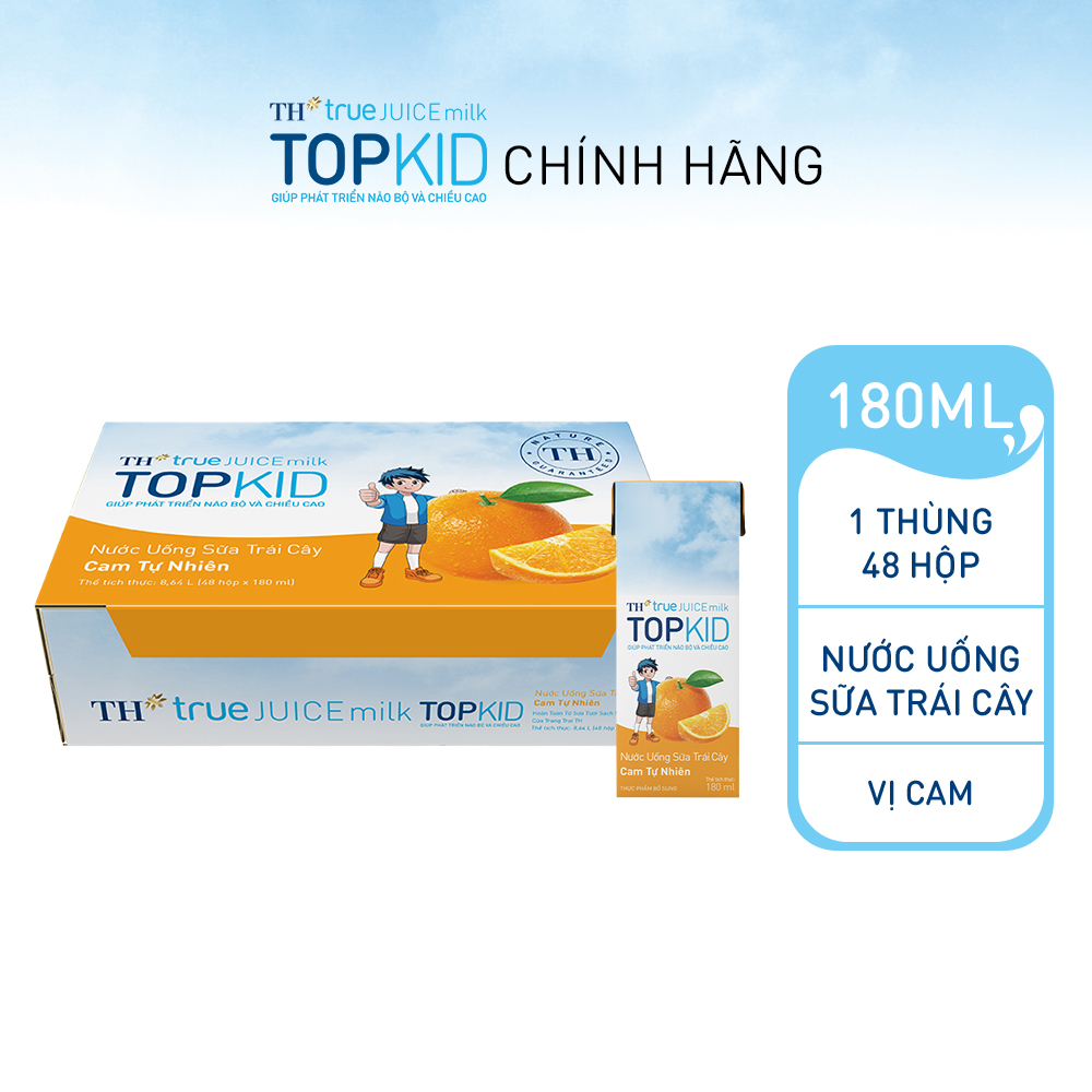 Thùng 48 hộp sữa trái cây TOPKID hương cam tự nhiên TH True Juice Milk 180ml (180ml x 48)