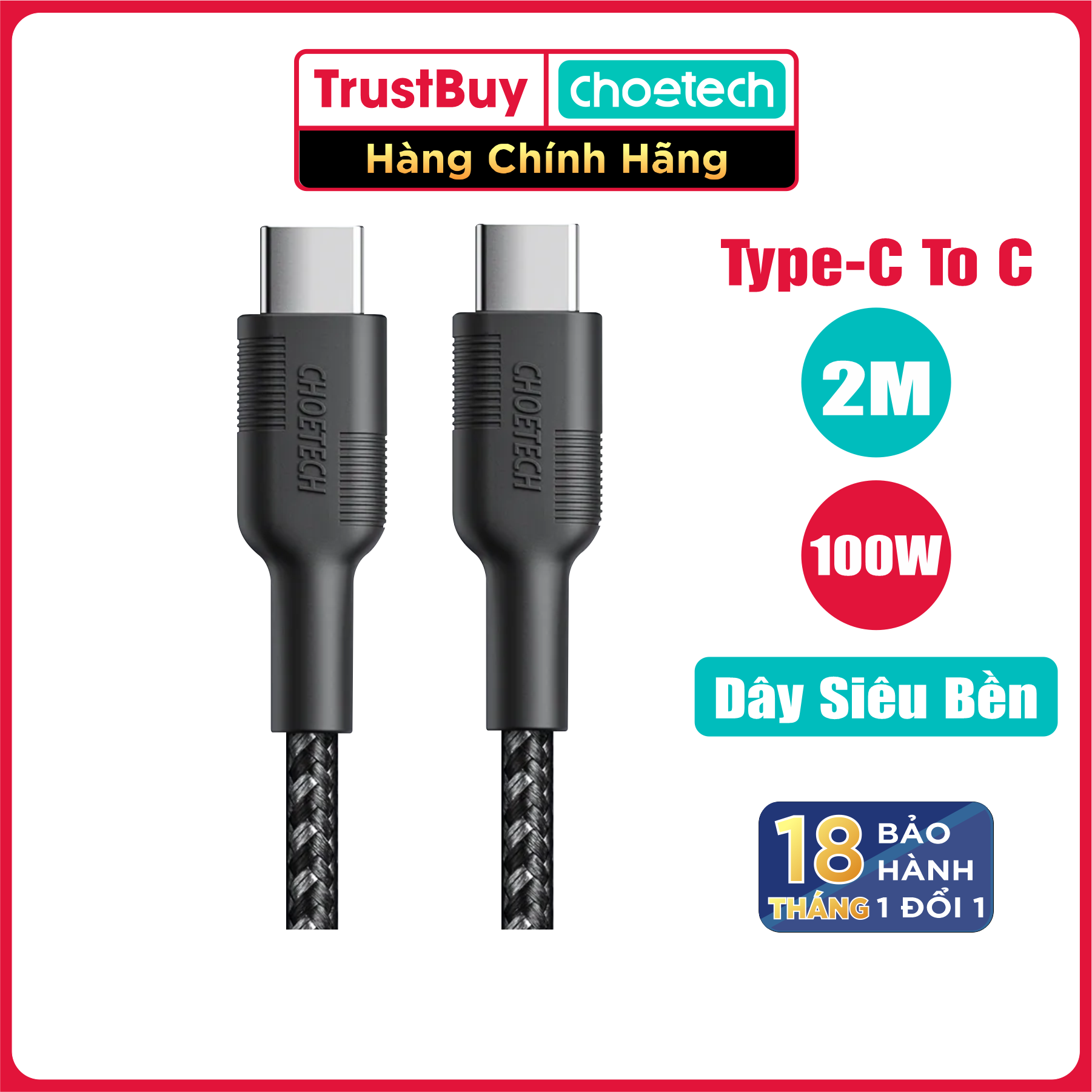 Dây Cáp Sạc Type-C to C 100W Dài 2M CHOETECH XCC-1027 Sạc Nhanh Dành Cho Macbook, Laptop, Smartphone, Tablet - Hàng Chính Hãng