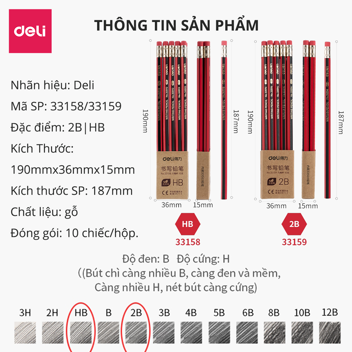 Bộ 5 bút chì gỗ 2B HB Deli - Có bán lẻ 1 chiếc - Nhiều loại mẫu mã màu sắc - Phù hợp cho học sinh sinh viên tập viết vẽ tranh