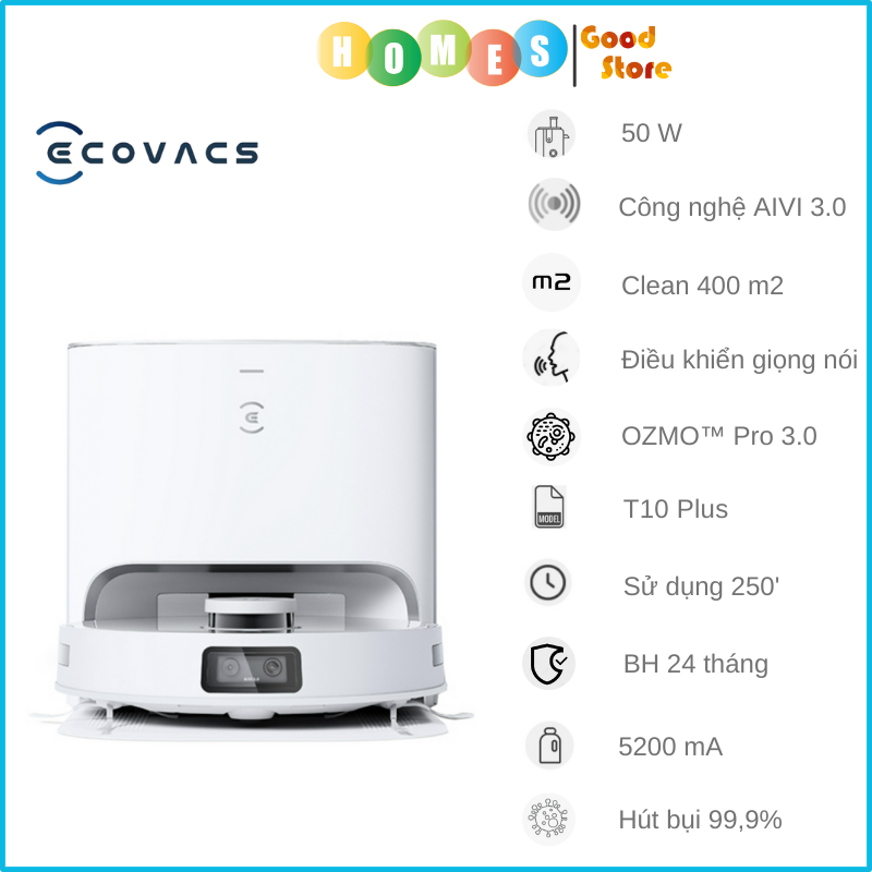 Robot Hút Bụi Lau Nhà Ecovacs T10 Plus - Bản Quốc Tế Tự Động Hút Rác Kết Nối App Làm Mát Không Khí Khử Mùi Có Trợ Lý Ảo YIKO, Công nghệ OMO 3.0 Lực Hút 3000 Pa Phù Hợp Diện Tích 200m2 Công Suất 50W - Hàng Chính Hãng