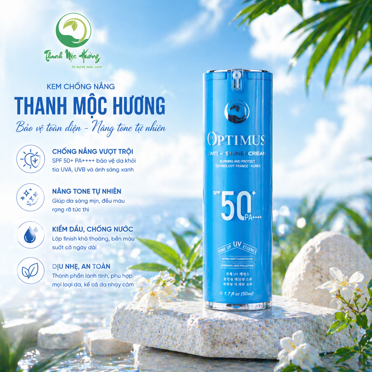 Kem Chống Nắng Thanh Mộc Hương Optimus Anti Shine Chống Trôi Nâng Tone Bảo Vệ Da SPF50+ PA++++ 50ml