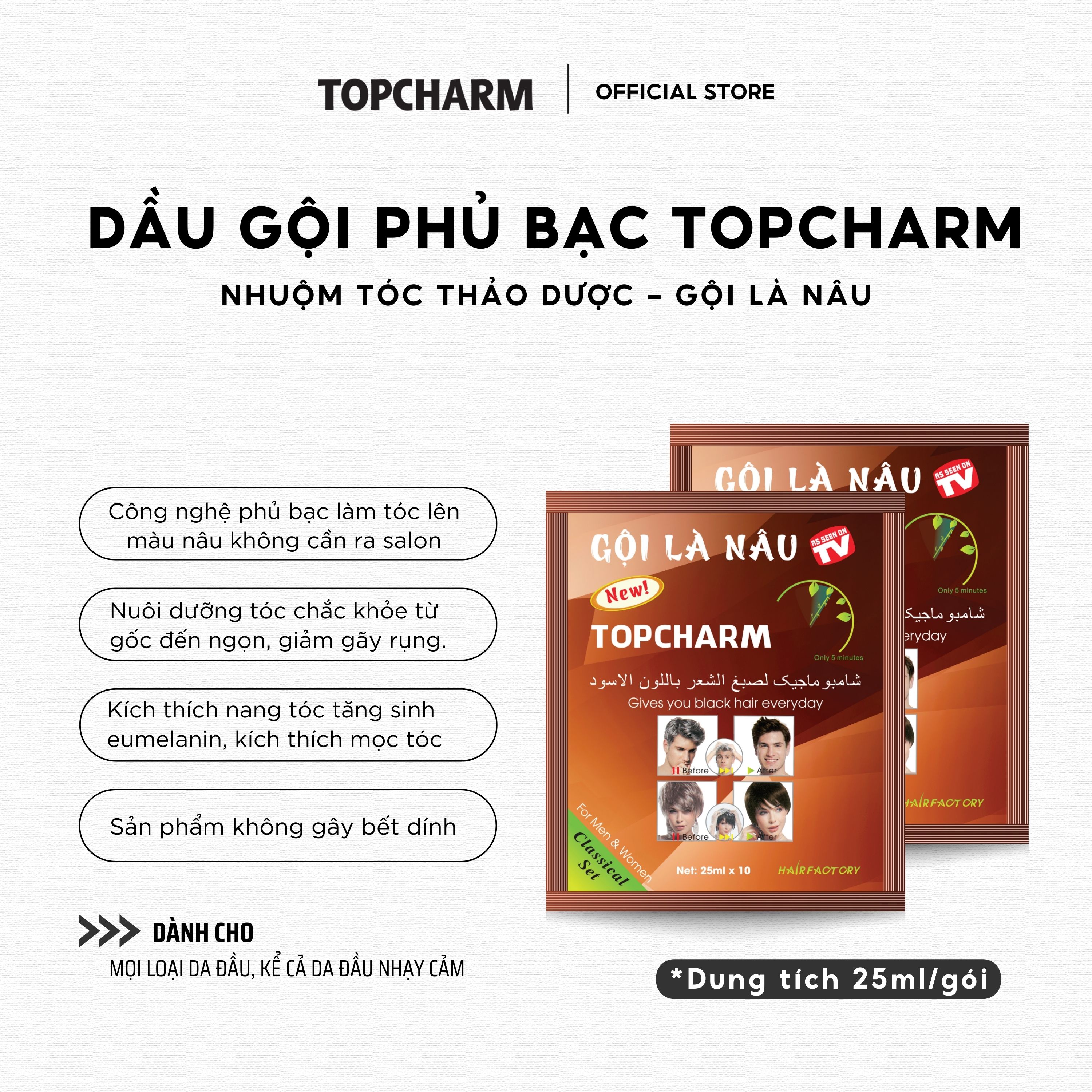 Dầu Gội Nhân Sâm Phủ Bạc Tóc Tại Nhà TOPCHARM - Phủ Nâu Tóc, Gội Là Nâu gói 25ml