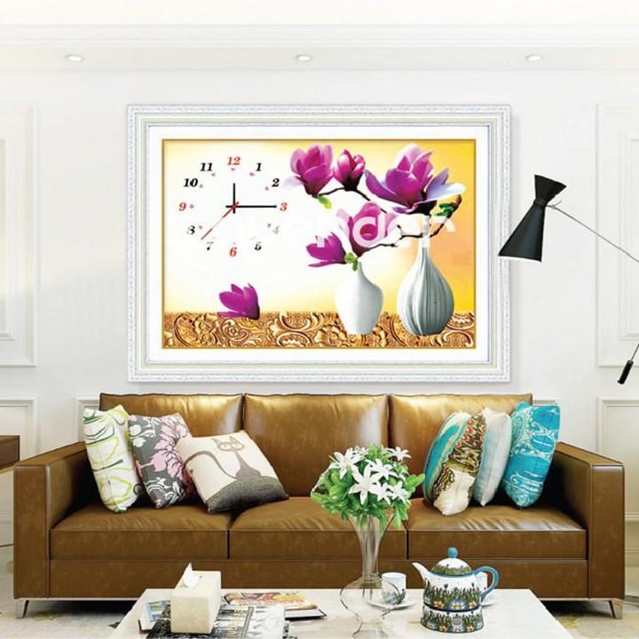 Tranh thêu bình hoa ngọc lan đồng hồ LV3040 - kích thước: 58 * 43cm.