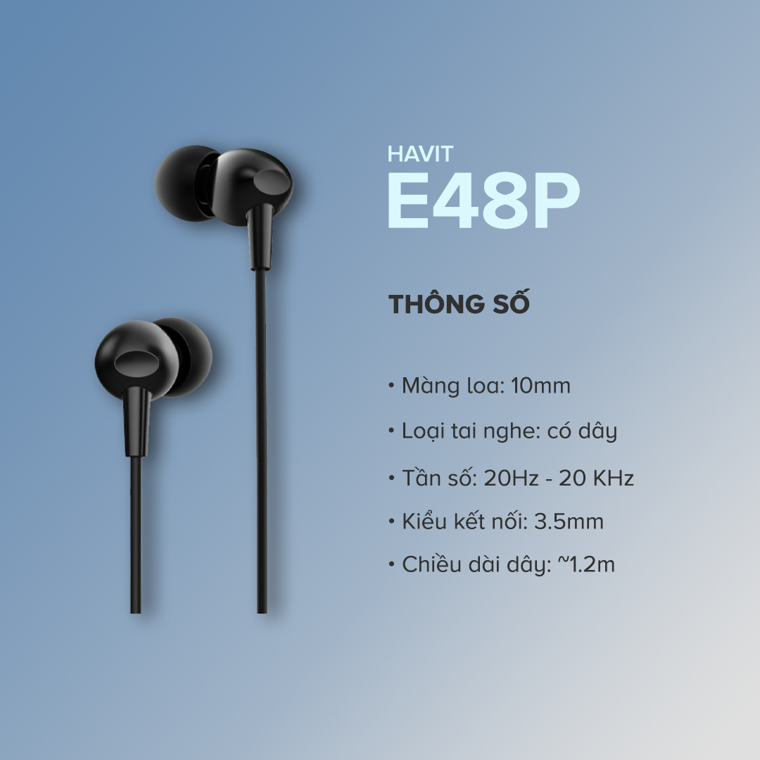 Tai Nghe In-ear HAVIT E48P High-end Dynamic Giảm Ồn, Nút Nhấn Đa Chức Năng, Dây TPE Nhiều Màu Sắc - Hàng Chính Hãng