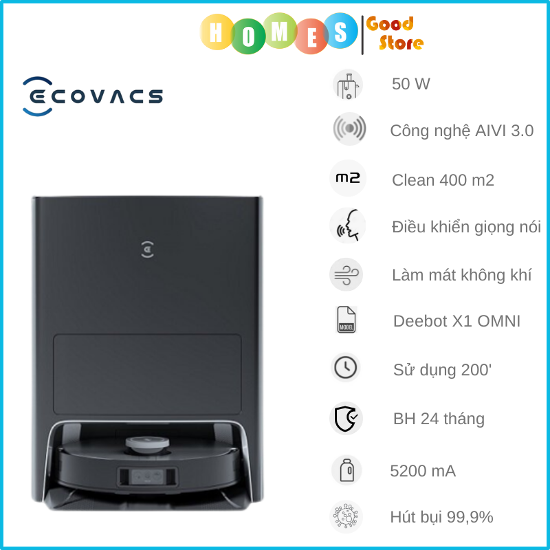 Robot Hút Bụi Lau Nhà ECOVACS Deebot X1 OMNI Tự Động Giặt Giẻ Và Hút Rác, Tự Động Sấy Khô, Tự Bổ Sung Nước, Kết Nối App, Trợ Lý Ảo YIKO, Công nghệ OMO 3.0, Lực Hút 5000 Pa, Phù Hợp Diện Tích 200m2, Công Suất 50W - Hàng Chính Hãng