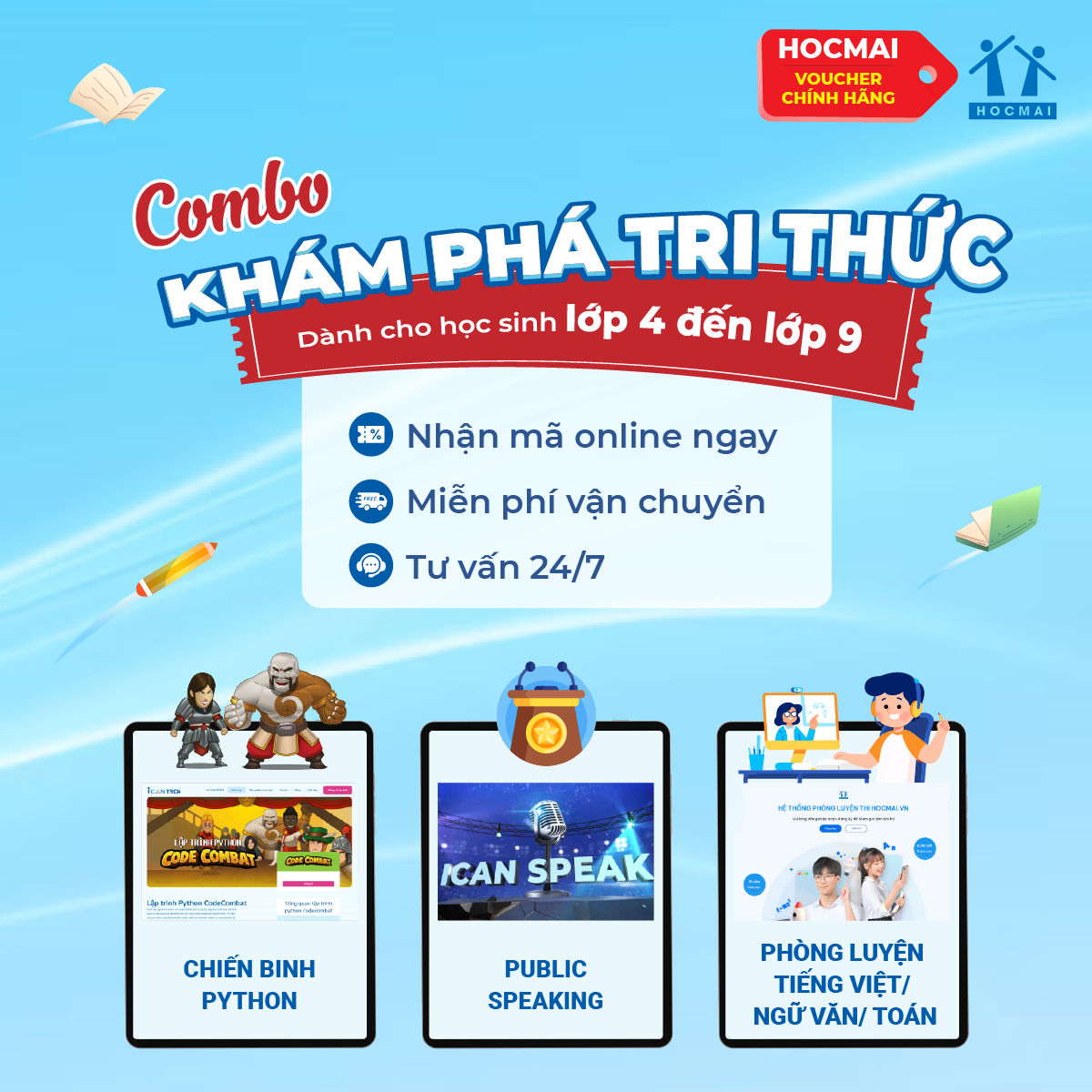 HOCMAI Combo Khám phá tri thức 2: Khóa học Thuyết trình Tiếng Anh + Phòng luyện TOPCLASS - Toàn quốc [E-Voucher]