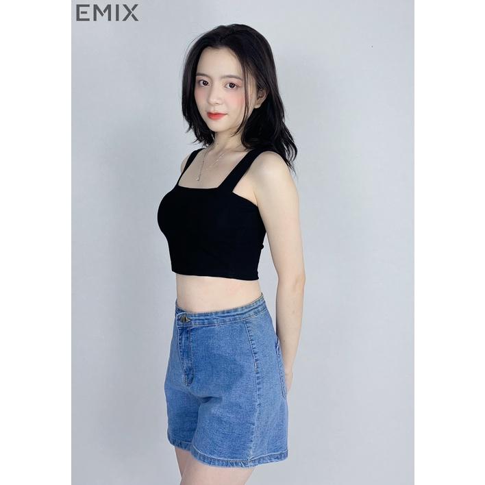 Áo croptop nữ 2 dây bản to EMIX (4 màu), dáng ngắn, cổ vuông, có mút lót, vải cotton co giãn, thấm hút tốt 6045