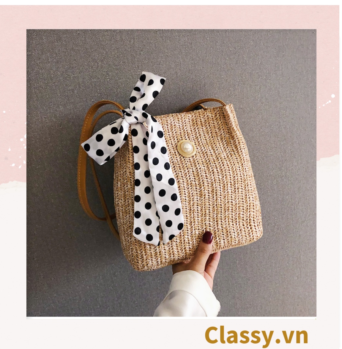 Túi cói đeo vai tối giản - Màu vàng nhạt - thích hợp đi biển, dạo phố T672