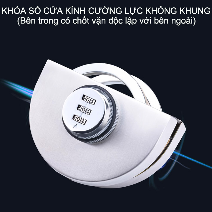 Khóa số cửa kính cường lực không khung bằng inox 304, khóa ngoài, chốt vặn trong