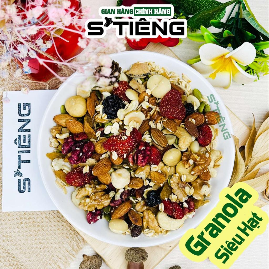 500Gr Granola Siêu Hạt & Quả Sấy STIENG, Hạt Điều, Macca, Hạnh Nhân , Óc Chó, Nho Khô, Hạt Bí Vị Tự Nhiên Hủ Thủy Tinh