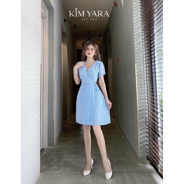 Đầm nữ tiểu thư cổ V đắp chéo cột eo ngắn trên gối
