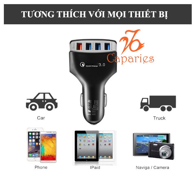 Củ Sạc Xe Hơi 4 cổng USB Quick Charge 3.0 Siêu Bền, Chống Nóng, Sạc Nhanh 3.0 - Chính Hãng CAPARIES VIỆT NAM