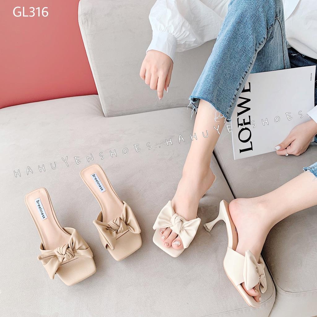 Guốc lê nữ Hà Huyền Shoes mũi vuông da nơ tai to gót nhọn 6 phân - GL316