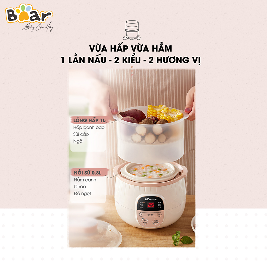 Nồi Nấu Cháo Chậm, Chưng Yến, Ninh Hầm Đa Năng Bear 0,8L SUBE001 - Hàng Chính Hãng, Bản Quốc Tế Bảo Hành 18 Tháng