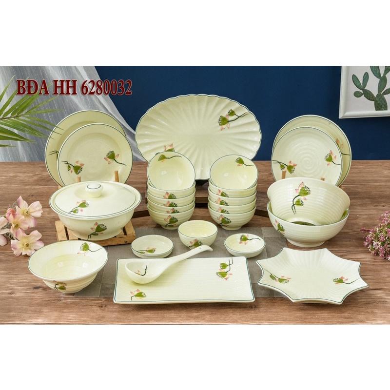BỘ ĐỒ ĂN BÁT TRÀNG MEN KEM 22- 28 Món , HOẠ TIẾT VẼ ĐÀI SEN. GỐM SỨ BÁT TRÀNG.