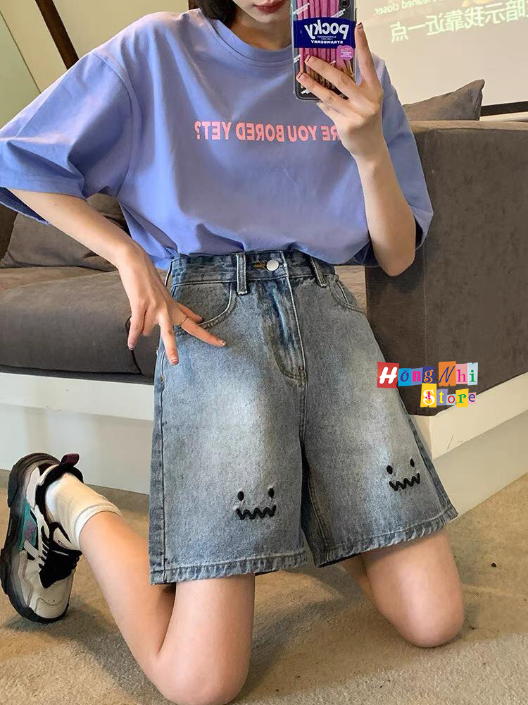 Quần Short Jean Ngố Đùi Thêu Mặt Cười Cạp Cao Ống Rộng Ulzzang - MM