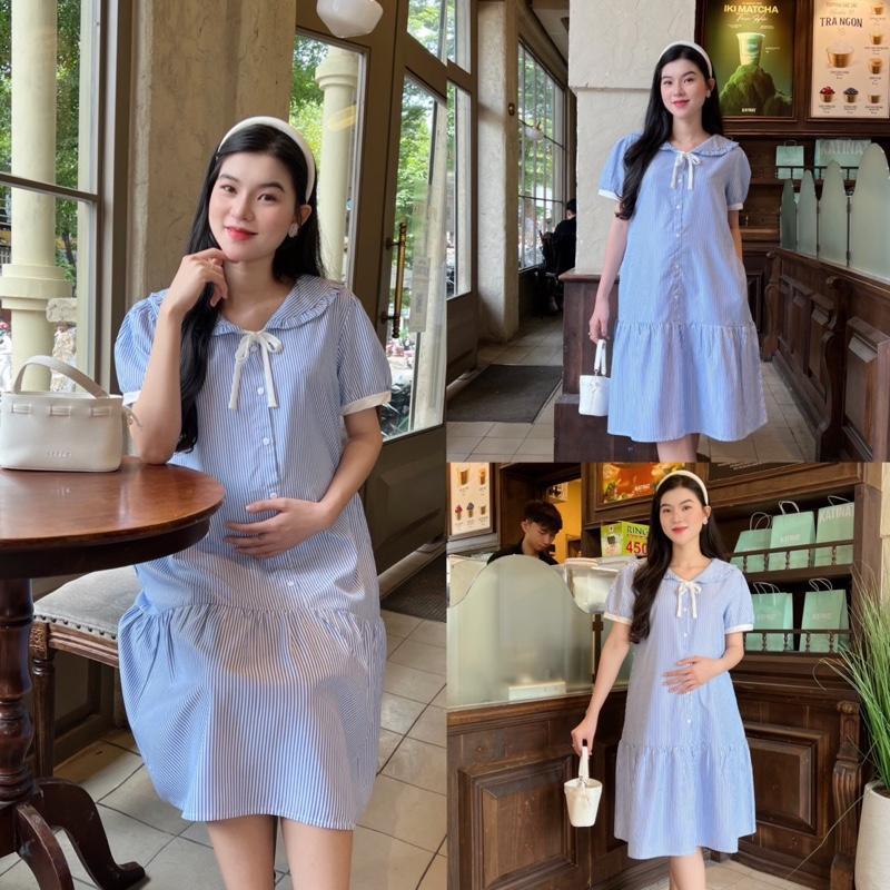 Đầm bầu sọc dáng đuôi cá cổ bèo thắt nơ xinh sang nhẹ nhàng Mom diện thoải mái nơi công sở và dạo phố đều xinh.. - Xanh nhạt