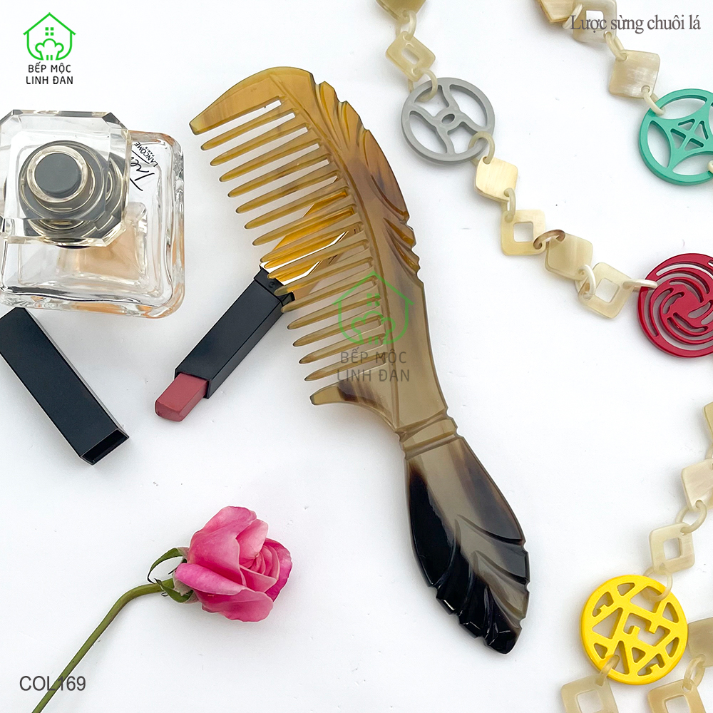 Lược Sừng Răng Thưa Chuôi Lá (Size: XL-20cm) Đường Nét Uốn Lượn [COL169]