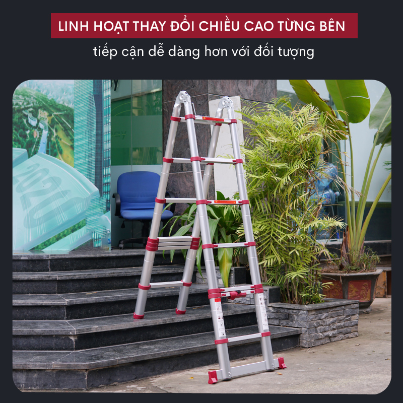 Thang nhôm FUJIHOME TLA08R rút gọn nhập khẩu, Chữ A cao 2.4m, Chữ I cao 5m, Xếp nhiều hình dáng