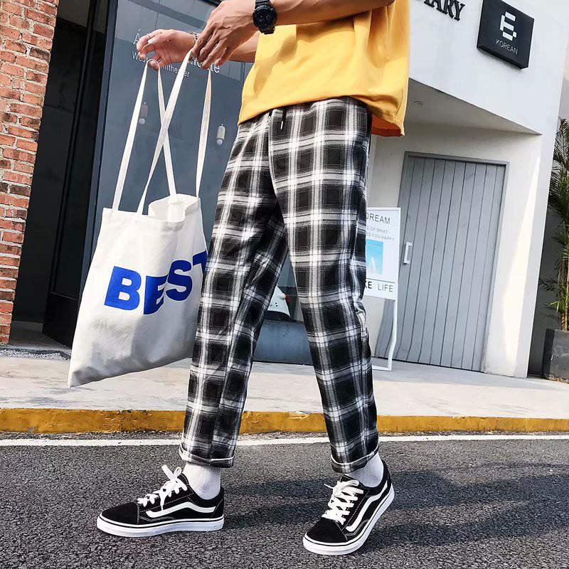 Quần dài nam sọc caro phối màu tương phản phong cách hip hop đường phố trẻ trung