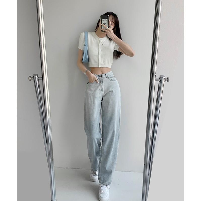 Quần bò nữ dáng dài ống rộng lưng cao, Quần jeans suông phong cách thời trang Hàn Quốc