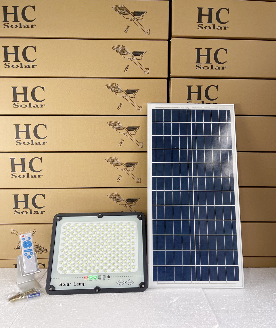 Đèn năng lượng mặt trời 200W, Chống chói mắt, Đèn Led NLMT, Vỏ nhôm, Tấm pin rời, Ánh sáng trắng, Báo pin ngoài, Kiểu Led mới