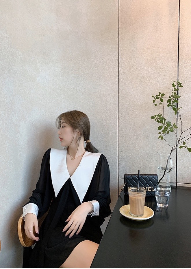 Đầm sang trọng trắng đen cổ nhọn cột nơ phối chất voan lụa cao cấp WHITE DRESS 29