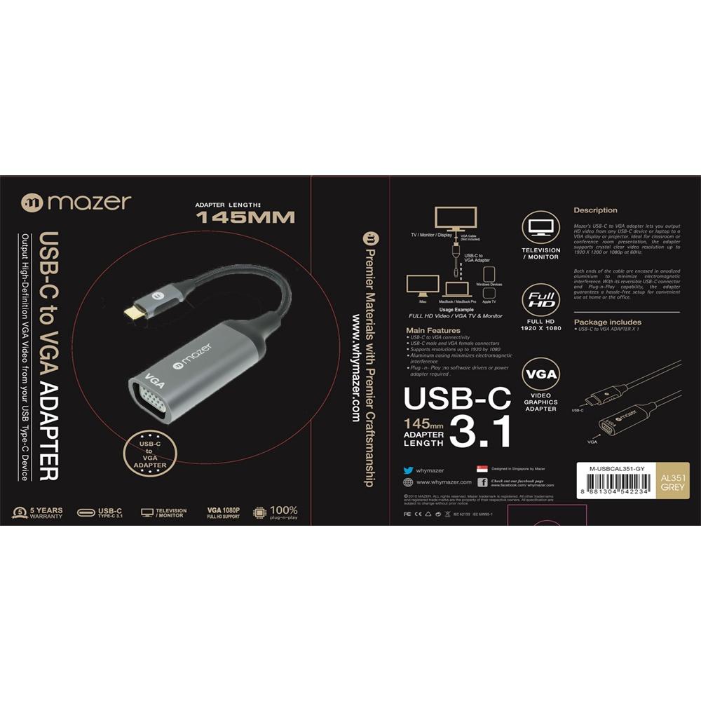 Bộ Chuyển Đổi Mazer USB-C to VGA 1080P Adapter Dành Cho Máy Tính hỗ trợ độ phân giải HD lên đến 1920 x 1200 hoặc 1080p ở 60Hz Hàng Chính Hãng