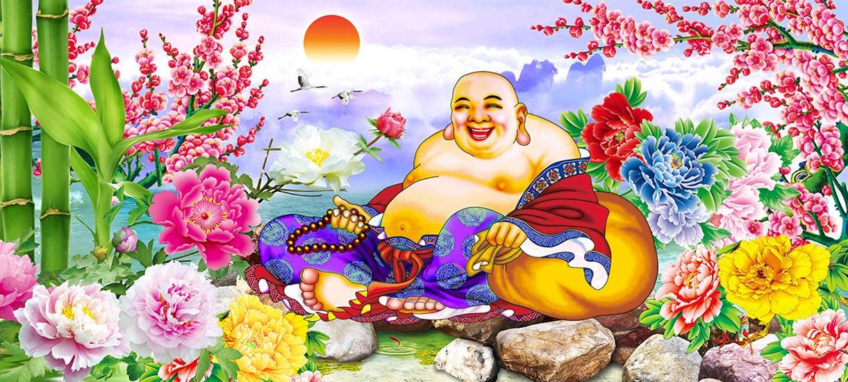 Tranh thêu chữ thập phật di lặc hoa mẫu đơn LV3495 146 x 71 cm - chưa thêu